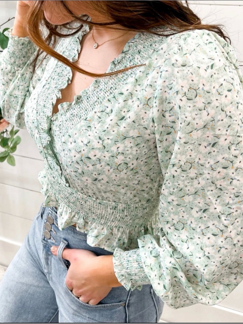Mint Green Floral Smocked V-Neck Blouse